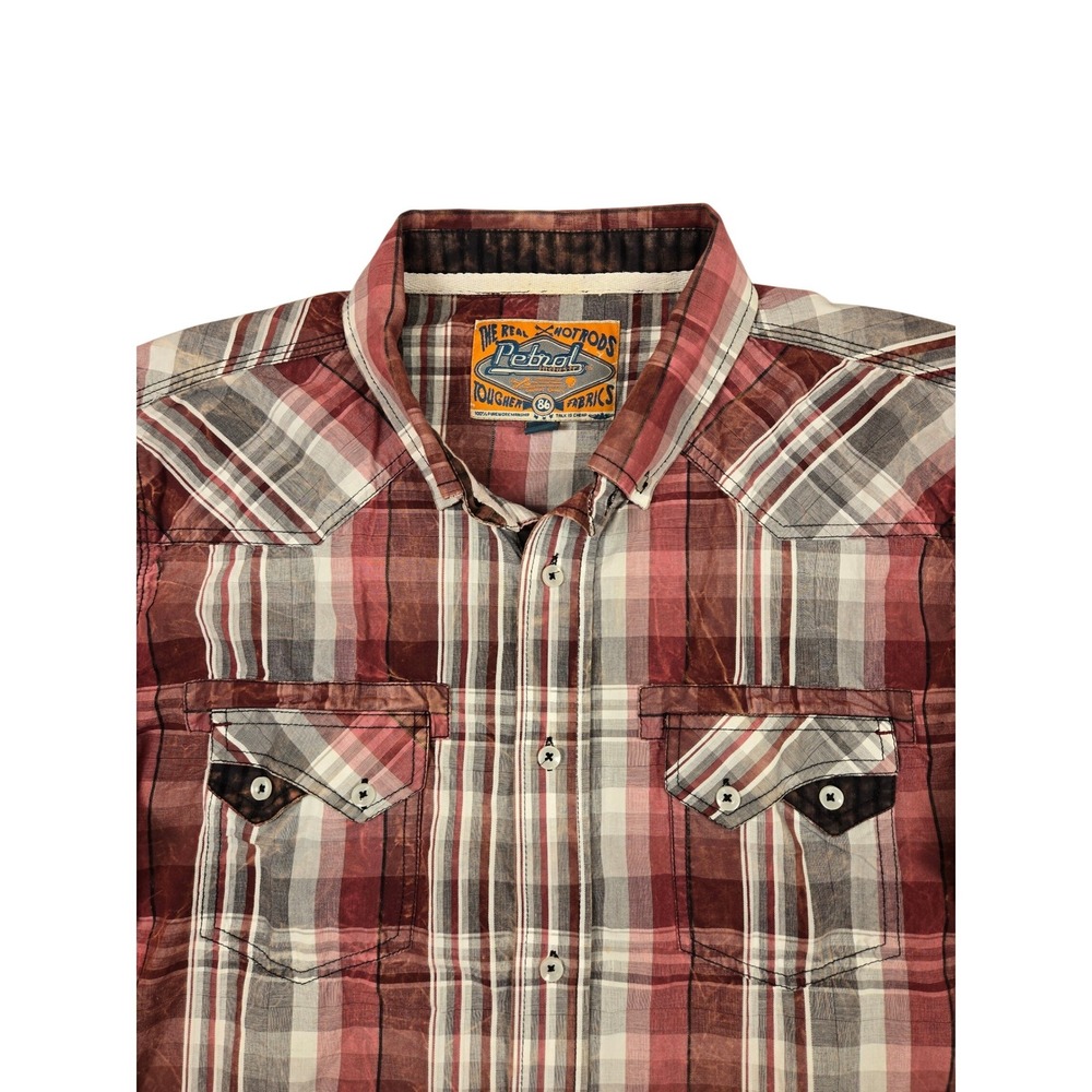 Petrol‎ Industries Button Up Shirt Mens XL Maroon Plaid Western Short Sleeve